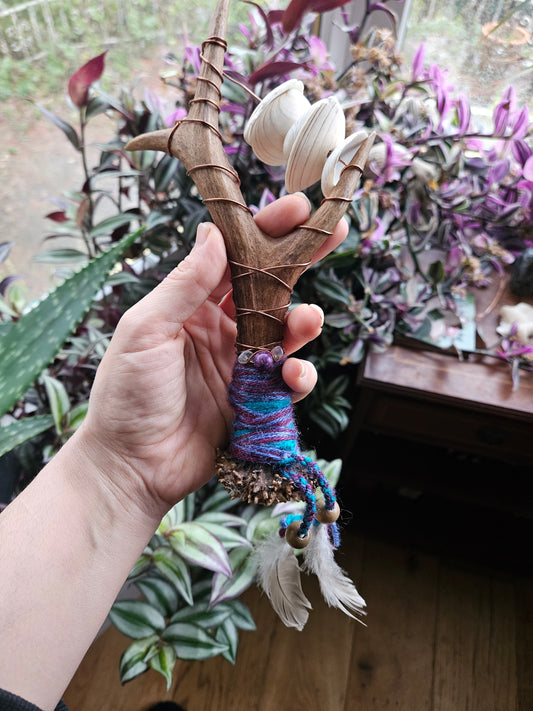 Scottish Deer Antler Sistrum Rattle Purple and Blue