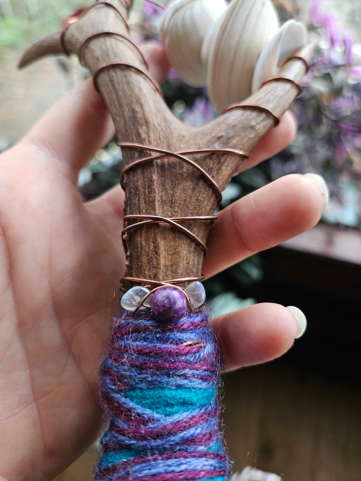 Scottish Deer Antler Sistrum Rattle Purple and Blue