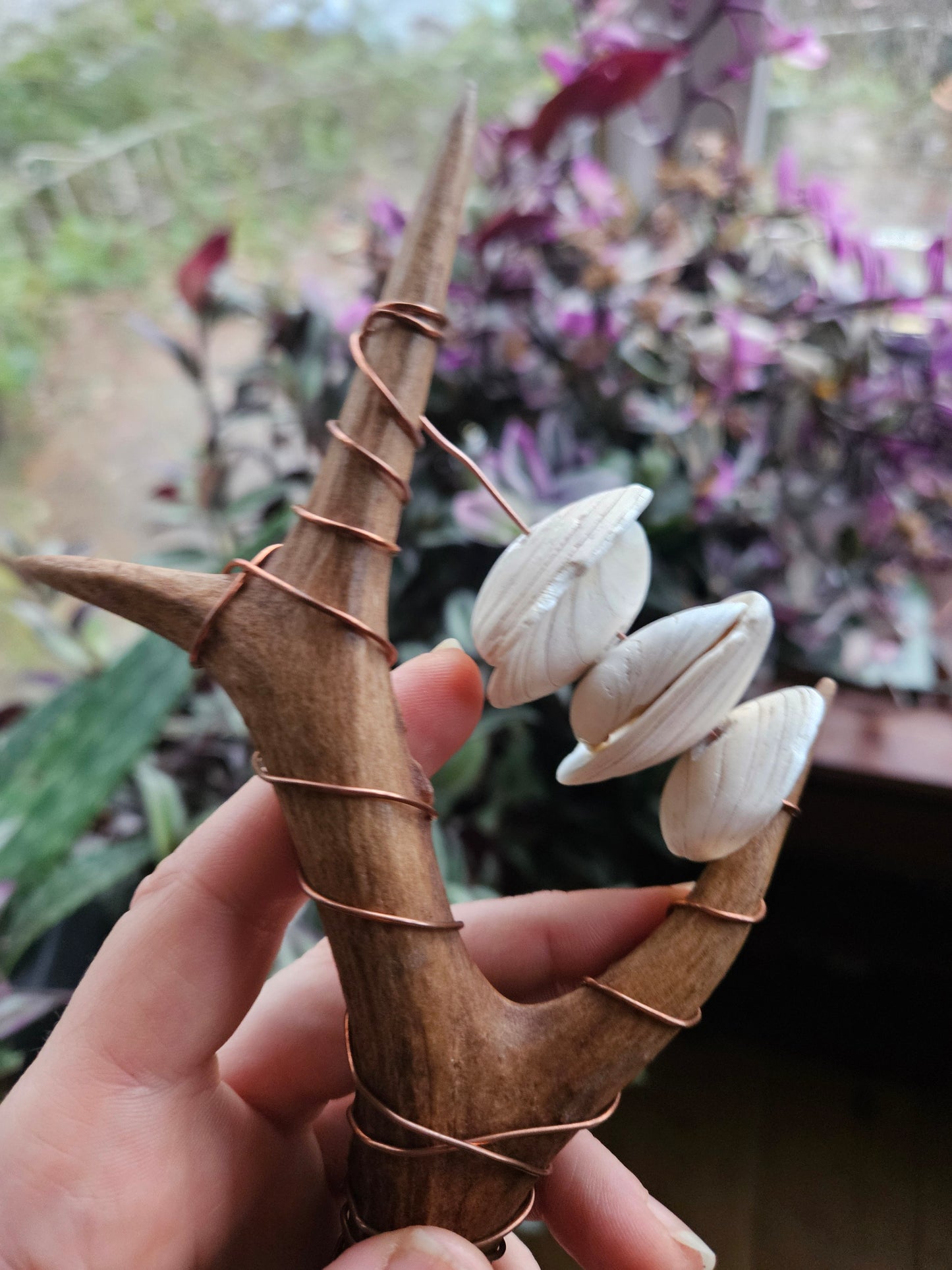 Scottish Deer Antler Sistrum Rattle Purple and Blue