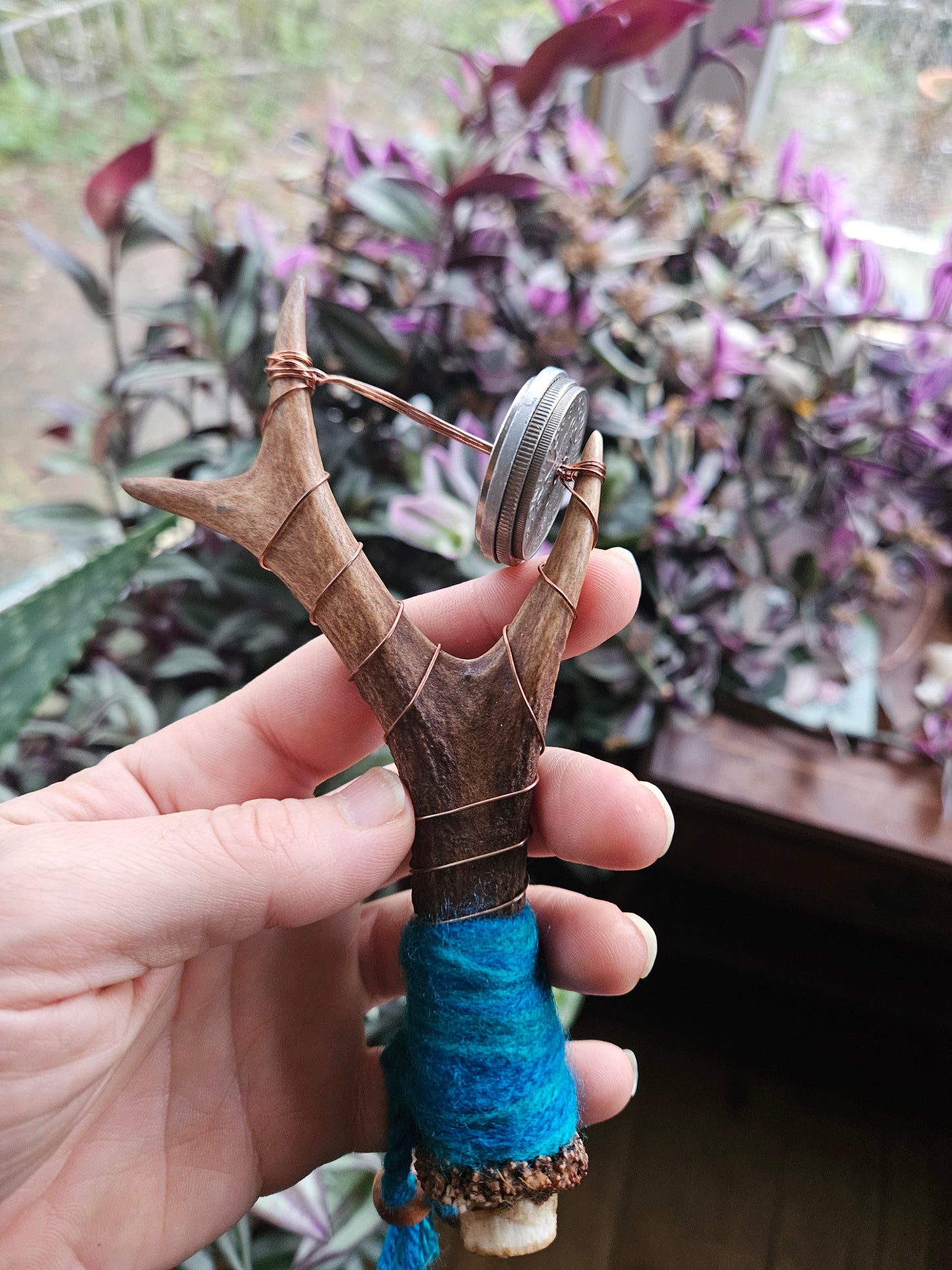 Small Scottish Roe Deer Antler Sistrum Rattle Blue