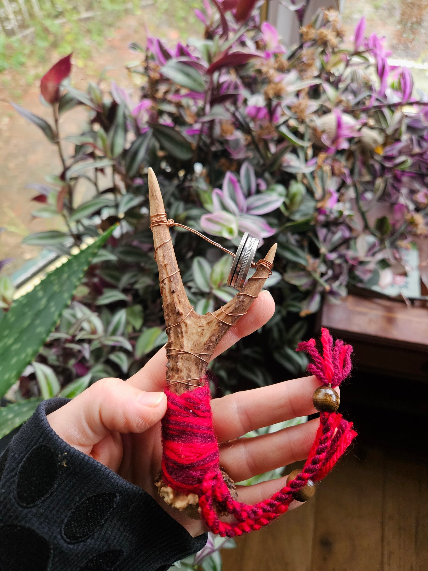 Small Scottish Roe Deer Antler Sistrum Rattle Red