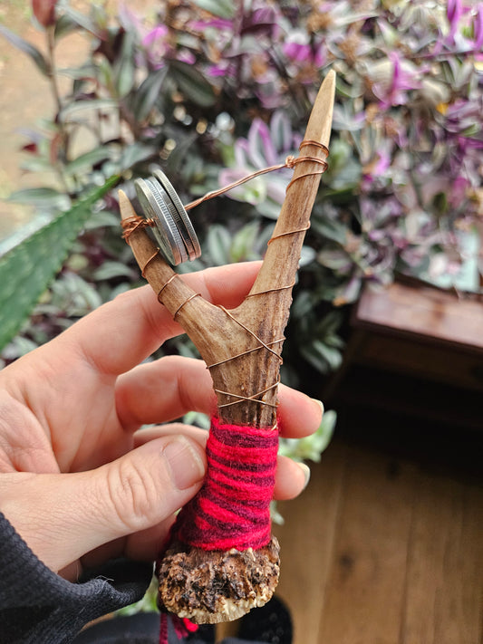 Small Scottish Roe Deer Antler Sistrum Rattle Red