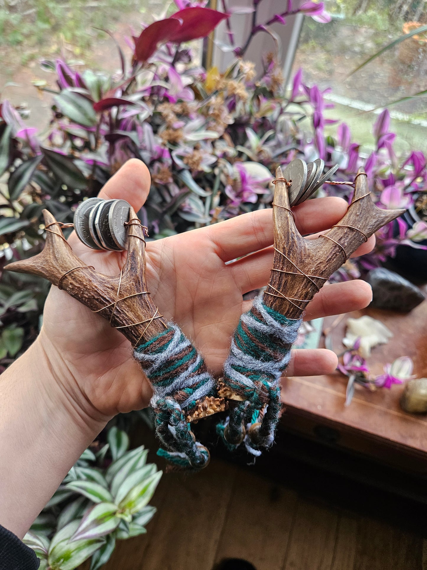 Small pair Scottish Roe Deer and World Coin Sistrum Rattles