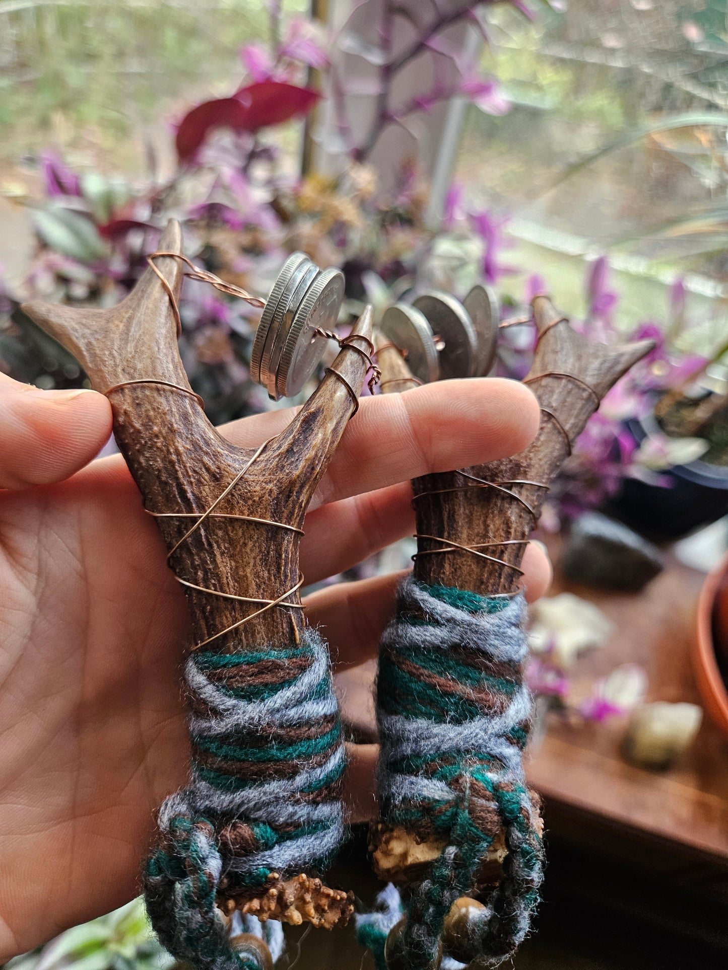 Small pair Scottish Roe Deer and World Coin Sistrum Rattles