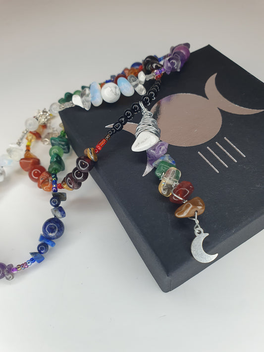 Rainbow chakra crystal necklace with moon charm (matching items available)